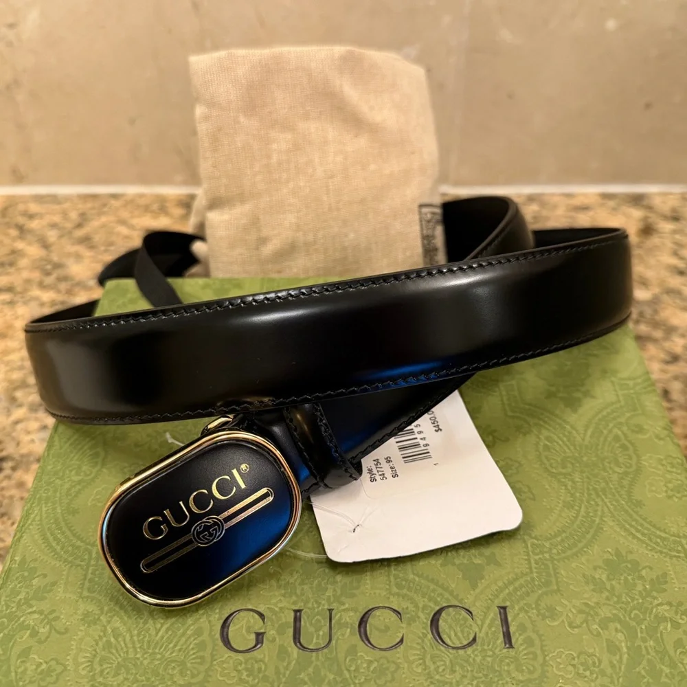 Gucci Leather Belt Black with Gold Buckle